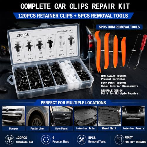 120PCS Car Clips and Plastic Fasteners Kit, 6 Sizes, 5 Removal Tools