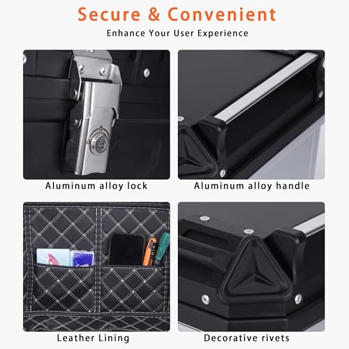 Motorcycle Top Case 57L Trunk Tail Box Bag Aluminum alloy handle With Leather Lining Anti-Theft With Lock And Back Cushion Waterproof Dustproof Easy Installation With Universal Bracket Silver - color: Silver(57L-Single Lock)