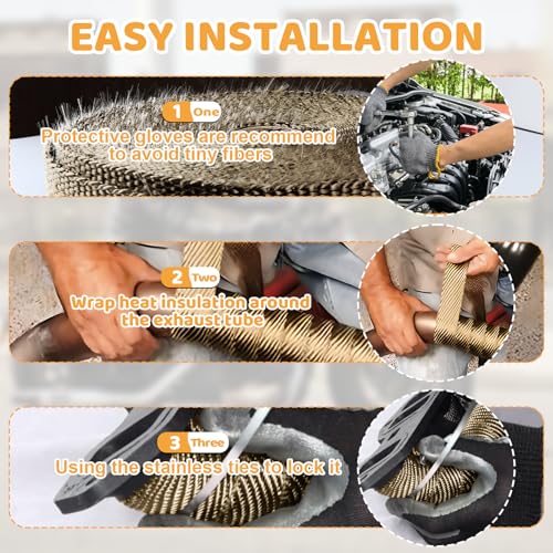 Exhaust Heat Wrap, Tooomplus 2'' x 50' Fiberglass Heat Shield Tape, Heat Wrap for Exhaust Pipes with 15pcs Stainless Steel Ties for Motorcycle Car Truck - size: 50 ft