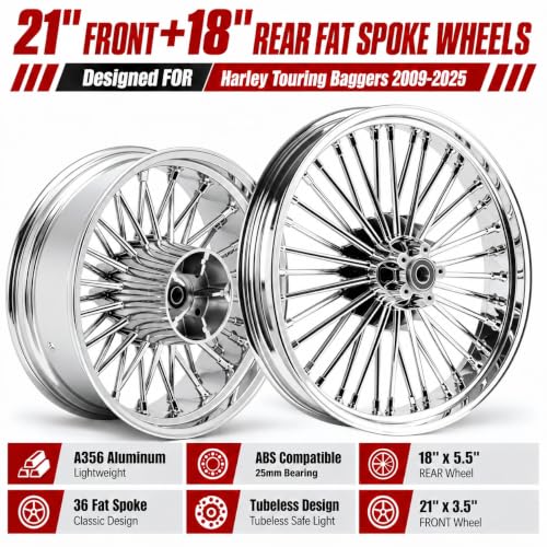 TOFR 21x3.5 18x5.5 Chrome Fat Spoke Wheels For Harley Touring Baggers 09-25 - color: Chrome, size: Front:21x3.5 Rear:18x5.5