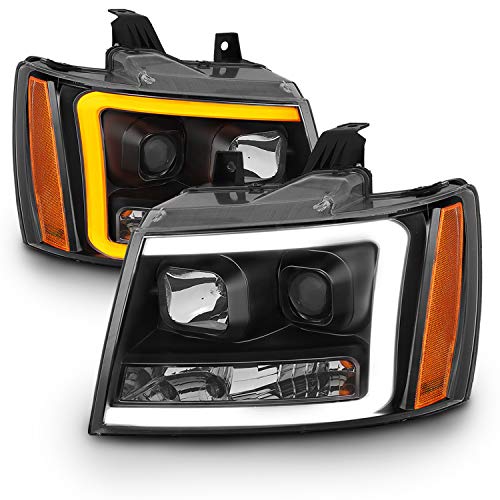 AmeriLite for 2007-2013 Chevy Avalanche/Suburban/Tahoe Switchback LED Tube Turn Siganl Projector Black Replacement Headlights Pair - Passenger and Driver Side - color: Black Projector Switchback LED Bar