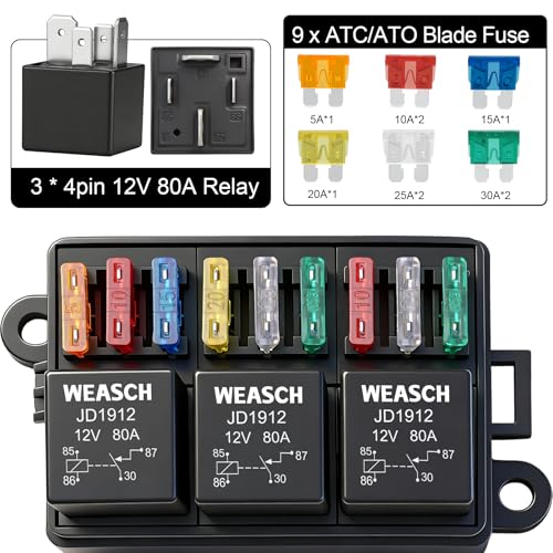 12V 9 Way Fuse Relay Box, 3x4-Pin 80Amp Relays and 9 ATC/ATO Blade Fuse Slots, for Cars Truck Marine Boat Jeep - size: 80A 3 Relay 9 Fuses, style: Box