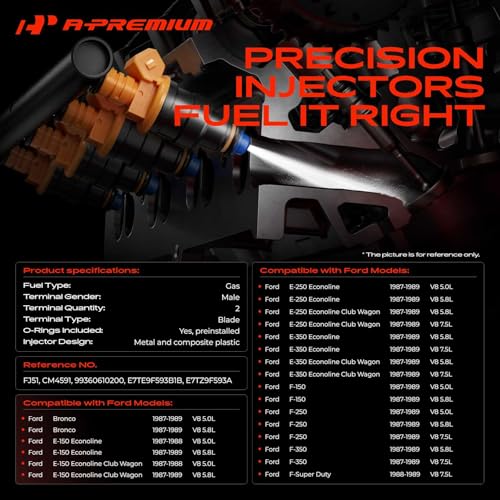 A-Premium Set of 8 Fuel Injectors Compatible with Ford