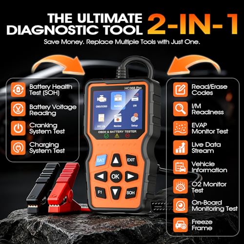 OBD2 Scanner with Battery Tester, 2-in-1 Design 1-Sec Read/Clear Check Engine Code Reader, 12V Car Battery Health & Charging System Analyzer, Universal Auto Diagnostic Tool for 1996+ Cars