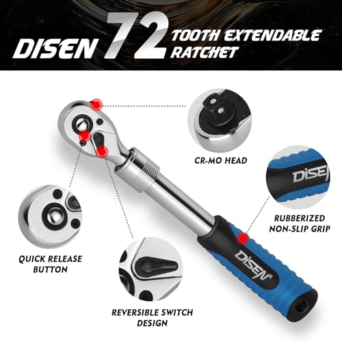 DISEN 3PCS Extendable Ratchet Wrench Set,1/4" 3/8" 1/2" Drive 72-Tooth, Quick-Release, Reversible Drive Socket Wrenches,Soft Grip Handle with Storage Tray - color: Extendable Ratchet Set