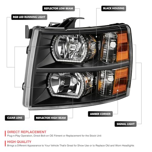 DNA MOTORING Pair of Headlights Compatible with 2007-2013 Chevy Silverado 1500, 2500 3500 & HD, Start Up Sequence RGB LED DRL, Black/Amber, HL-RGB-CSIL07-BK-AM - color: Black / Clear Lens / Amber Reflector