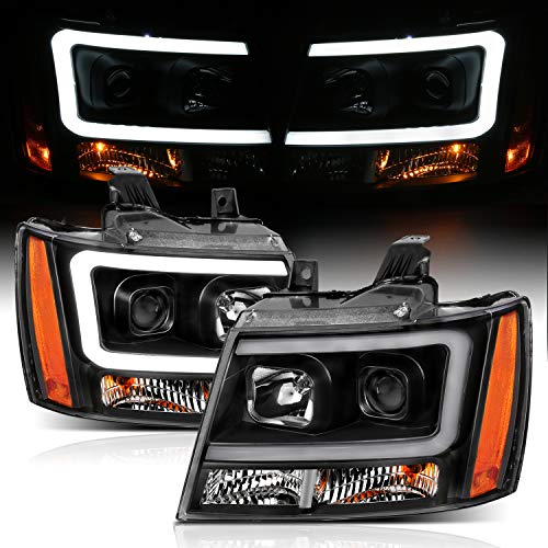 AmeriLite for 2007-2013 Chevy Avalanche Suburban Tahoe Super Bright LED Bar Projector Halogen Black Headlights Pair - Passenger and Driver Side - color: Black LED Bar