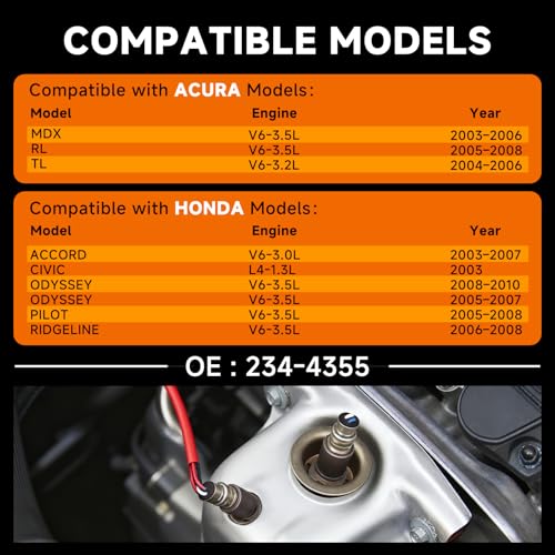 Downstream O2 Sensor Set | Direct Replacement for OE #234-4355 | Compatible Acura V6-3.2L/3.5L & For Honda 1.3L/3.0L/3.5L | Direct-Fit Downstream Sensor for 2003-2010 Models INCLUDES GLOVES - size: 234-4355