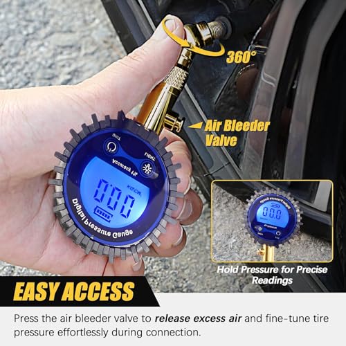 PINKJOY Digital Tire Pressure Gauge for Cars 250PSI - Accurate Air Pressure Gauge for Tires with 360° Swivel Chuck