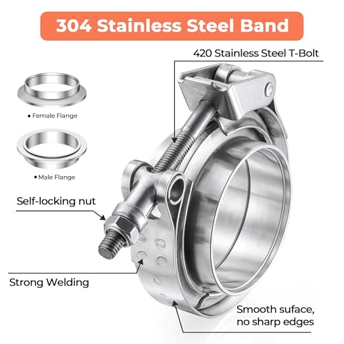 2.75 inch Quick Release V Band Clamp with Male Female Flanges, 304 Stainless Steel Exhaust V band Clamp for Automotive exhaust system, turbocharger, downpipe and mufflers - color: V Band Clamp With Flange, size: 2.75inch