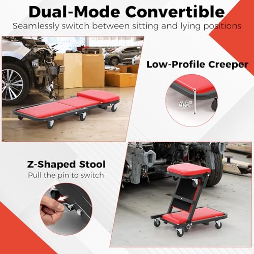 40" Z Garage Creeper, 2-in-1 Folding Creeper with Padded Seat & 6 Wheels, Low Profile Mechanic Creeper Seat Automotive Stool for Workshop, Auto Repair, 350 lbs Capacity