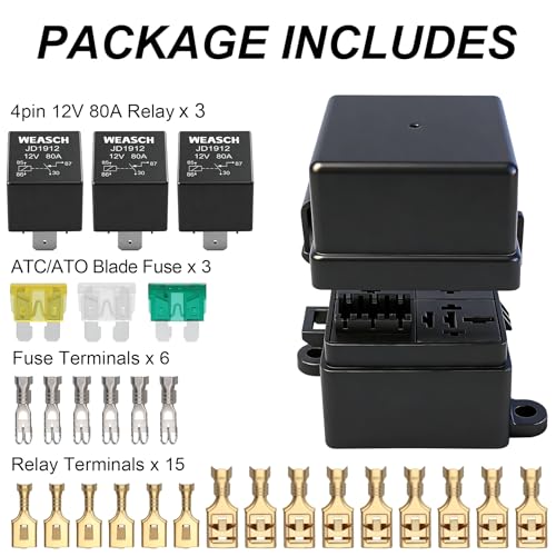 12V 3 Way Fuse Relay Weasch Box, 3x4-Pin 80Amp Relays and 3 ATC/ATO Blade Fuses, for Cars Truck Jeep - size: 80A 3 Relay 3 Fuses, style: Box