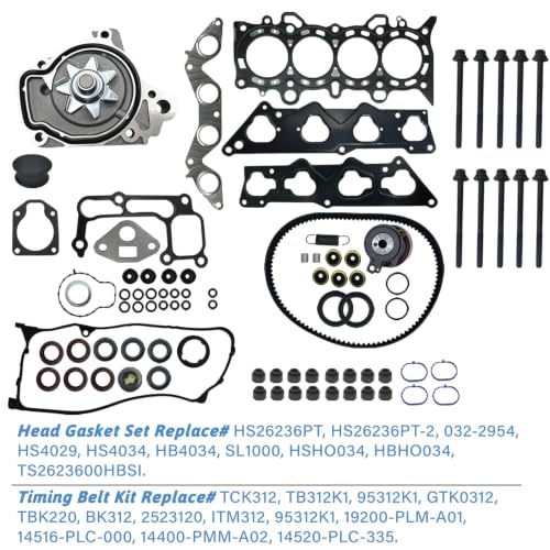 HS26236PT Head Gasket Set Timing Belt Kit W/Water Pump, Compatible with Civic EX/HX/DX/LX 2001-2005 D17A2 D17A6 D1A71, Replace# HS26236PT TCK312 14400-PMM-A02