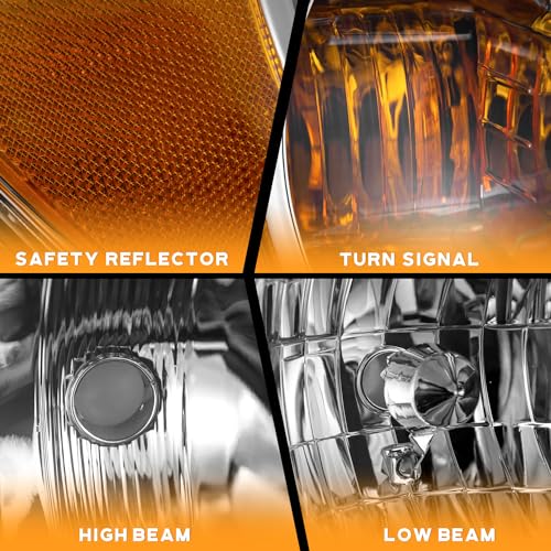 WEELMOTO Halogen Headlights Assembly for 2004-2006 Toyota Highlander - color: Clear Lens I Chrome Housing I Amber Reflector