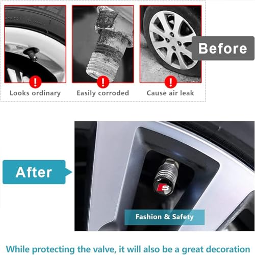 Tire Valve Stem Caps Cover for Audi S Line S3 S4 S5 Metal Car Wheel Air caps Auto Valve Stem Caps Accessories 4 Pack Black - color: Black-1