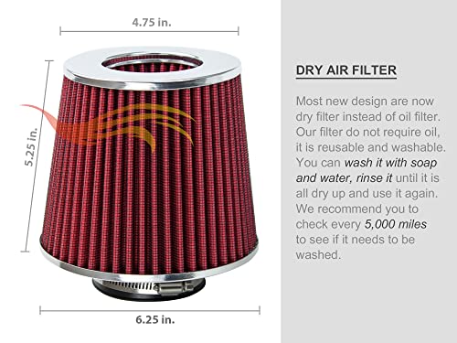 Rtunes Racing 3.5-Inch 89mm Narrow Washable Dry Cone Air Filter, Red - size: Narrow 3.5"