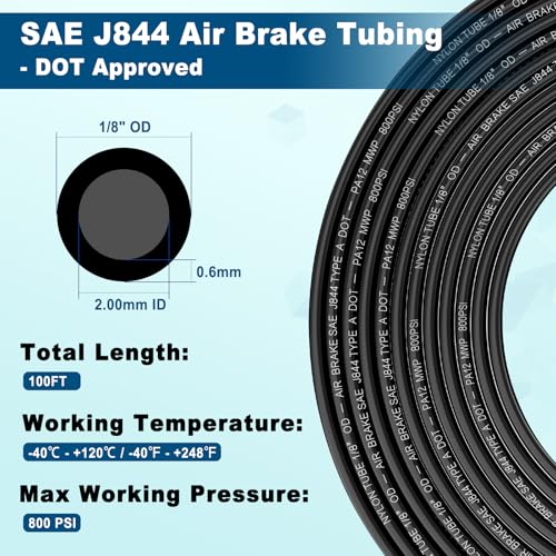 1/8" DOT Air Line, 100FT SAE J844 PA12 Nylon Air Tubing with Cutter - size: 1/8" OD 100FT