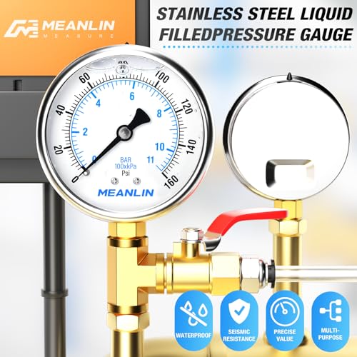 MEANLIN MEASURE 0~160Psi Stainless Steel 1/4" NPT 2.5" FACE DIAL Liquid Filled Pressure Gauge WOG Water Oil Air Lower Mount, with 1/2" NPT and 3/8" NPT Hex Bushing - size: 0-160Psi