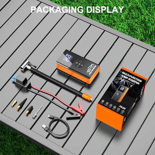 Jump Starter with Air Compressor, 8000A 180PSI, Portable Car Battery Jump Starter (All Gas/12L Diesel) 12V Automobile Jump Box Pack Chargers with Jumper Cables, 4-Mode LED Lights - color: Pumpkin Orange