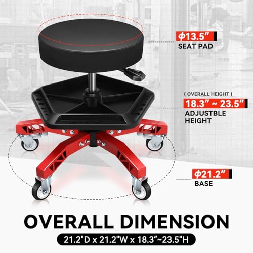 Auto Dynasty Rolling Mechanic Stool, Height Adjustable w/Tool Tray, Red - color: Red (w/Tool Storage Tray)