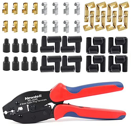 Ratchet Spark Plug Wire Crimper Set, Newdeli 25Pcs Spark Plug Crimping Tool and 180 Degree/90 Degree/Straight Spark Plug Coil Terminals Boots Set for Crimping and Stripping Spark Plug Ignition Wire - style: ND-2048 for spark plug wires