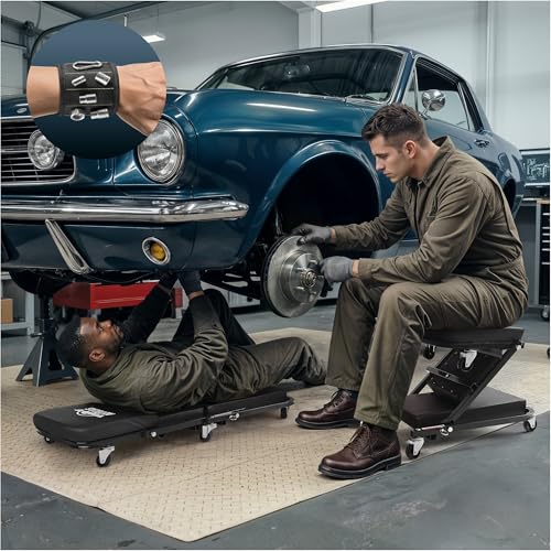 Creepers Automotive Mechanic Creeper Seat & Under Car Roller, 300lb Heavy Duty Foldable Garage Creeper with 360° Swivel Wheels, Magnetic Wristband, Low Profile Black Car Creeper for Mechanics - color: Black