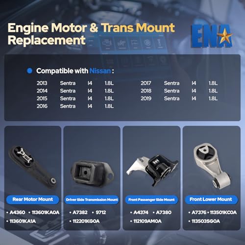 ENA Engine Motor and Trans Mount for A7376 A4360 A7382 A7380 Set of 4 Compatible with Nissan 2013 2014 2015 2016 2017 2018 2019 Sentra l4 1.8L Replacement for 9699, 9712, 9717, 9818