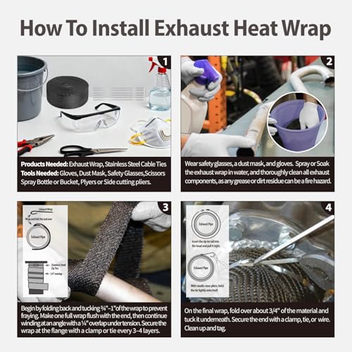 Black Exhaust Heat Wrap Roll, 2 Inch x 50 Ft, for Motorcycle Fiberglass Heat Shield Tape with Stainless Ties