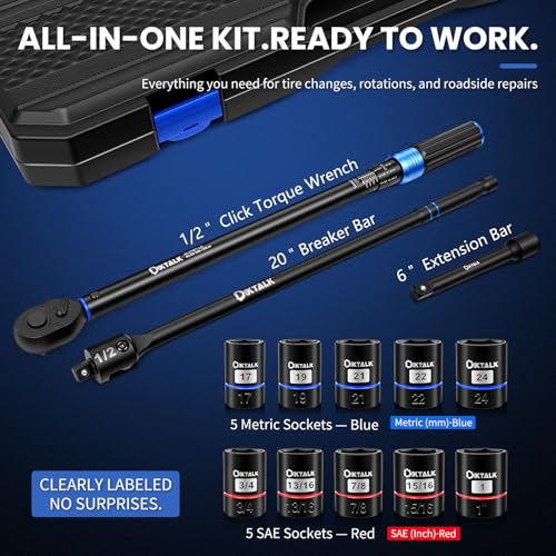 13-Piece 1/2” Drive Torque Wrench & Socket Set, 30-270 FT-LB (40-366 Nm), with Breaker Bar & Extensions, Complete Kit for Tire Repair, Car & Truck Maintenance - Gift for Dad, Husband - size: 13PCS Set