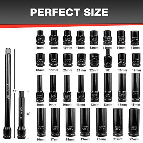 EACELIY 33pcs 1/2" Impact Socket Set (8-22mm), Metric Socket Set, Cr-V Steel, 6 Point Deep & Shallow Sockets, with 5" 10" Extension Bars and 1/2" Universal Joint - size: 1/2" Deep/Shallow Sockets (8-22mm)