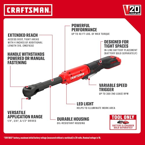 CRAFTSMAN V20 Electric Ratchet, Extended Reach, Cordless 3/8 Ratchet with Multi-Size 1/4 and 1/2 Drive Interchangeable Anvils, LED Light, 300 RPM, 40 ft-lbs Torque, Battery Not Included (CMCF936B) - style: NEW V20 3/8 Inch Drive Extended Head Ratchet