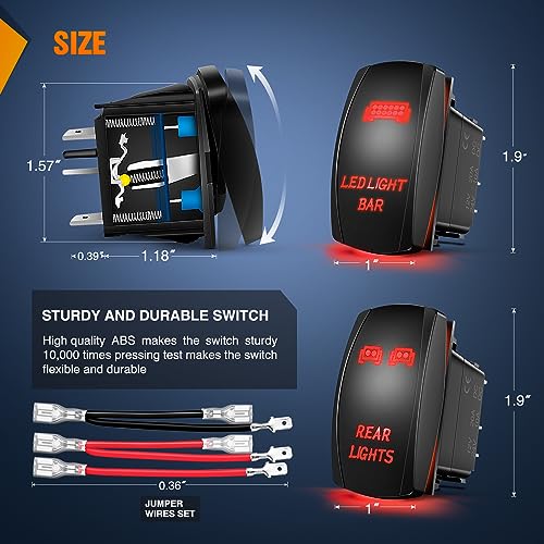Nilight 2 Pack Laser Rocker Switch with Jumper Wires Set 5Pin - color: Red, size: led light bar+REAR LIGHTS