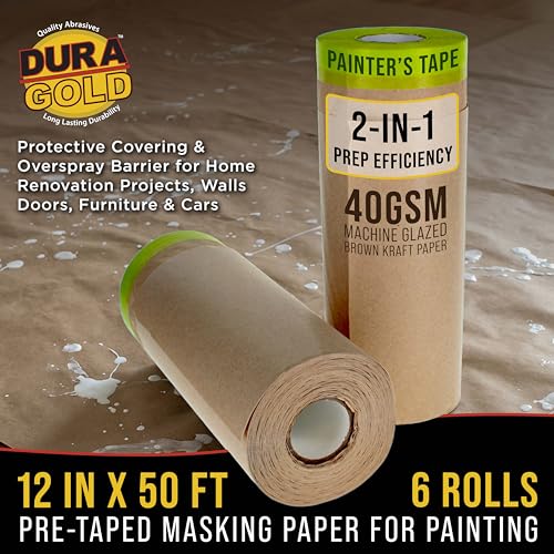 Dura-Gold Pre-Taped Masking Paper for Painting (12" x 50', 6 Rolls) - Tape - size: 12-inch-x-50-feet (Pack of 6)