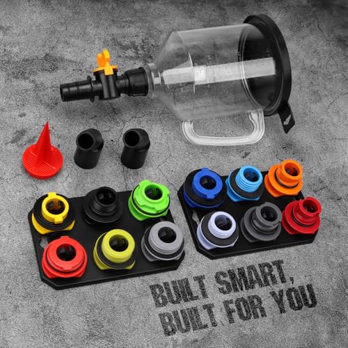 18-Piece No Spill Engine Oil Funnel Kit, 1.59QT/ 1.5L Automotive Coolant Funnel Set, 12 Adapters, Elbow Fitting, Arrow Screen & Magnetic Tray, Compatible with GM, Ford, BMW, Audi, Land Rover Etc - color: Upgraded Version Multi-color