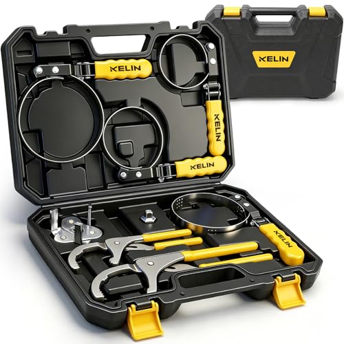 KELIN Oil Filter Wrench Set 8PCS, 9"&12" Oil Filter Pliers | 4 Swivel Band Wrenches (2-3/4" to 5-1/4") | 3-Jaw Universal Adapter for 3/8" 1/2" Ratchet, Oil Filter Removal Tool for Car Truck SUV ATV