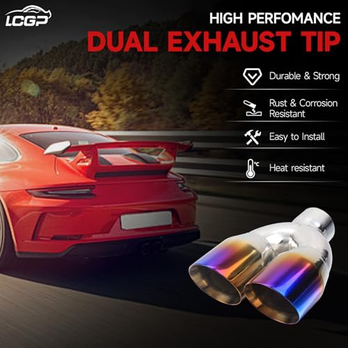 LCGP Dual Exhaust Tip 2.5 inch Inlet 3.5 inch Outlet Universal Car Stainless Steel Angle Cut 2-Packs PVD Blue Tailpipe(left and right) - size: 2.5x3.5x9.25 inch, style: Blue Burnt