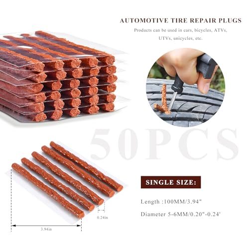 50 PCS Tire Repair Strings, 4" × 1/4" Auto Tire Plug Insert String Self Vulcanizing Strips Kit, Heavy Duty Rubber Repair Plugs for Car Truck Motorcycle Tubeless Tires