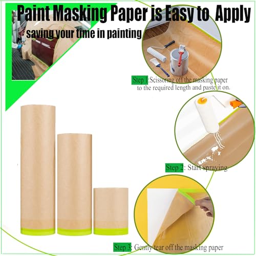 Masking Paper, 6 Rolls Automotive Paint Paper Roll with Tape, Assorted Sizes Tape and Drape, Paint Masking for Painting Car and Auto Body,Floor Protection, Wall Covering(6in 12in 18in)