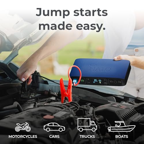 HALO Bolt Air 58830 Portable Car Battery Jump Starter | 100 PSI Air Compressor, 58.8Wh USB Power Bank, Emergency Floodlight & Charger, Jumps Cars SUVs & Trucks, Inflates Tires, TSA Approved — Blue - color: Blue Graphite, size: Small Display