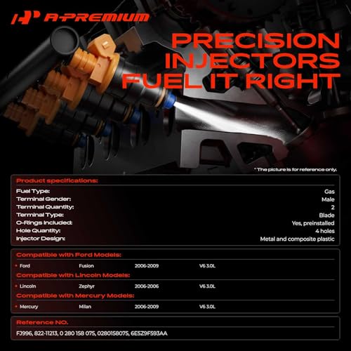 A-Premium 4 Holes Set of 6 Fuel Injectors Compatible with Ford, Mercury