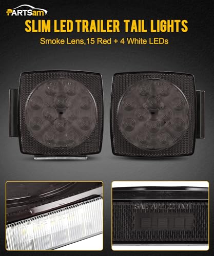Partsam Pair Slim Square LED Trailer Light Submersible Tail Lights 15 Red 4 White LEDs 5050 SMD Stop Turn Tail with Side Clearance and License Lights for Under 80" Boat Trailer 12V IP67 Smoke Lens - color: Smoke Lens