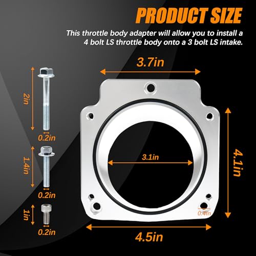 551513 LS Throttle Body Adapter 92mm Compatible with LS1 3 Bolt Intake Manifold to LS3 4 Bolt Throttle Body DBC L33 L59 LM4 LM7 LQ4 LQ9 LR4 LS6 LSX 4.8L 5.3L 5.7L 6.0L Replacement for 551513