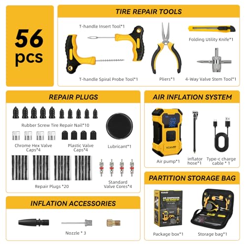 Flat Tire Repair Kit with Air Compressor, 150PSI Portable Air Pump with Auto-Stop & LED, Heavy Duty Tire Plug Kit for Car, SUV, Truck, Jeep, Motorcycle, Roadside Emergency Assistance (YELLOW) - color: Yellow