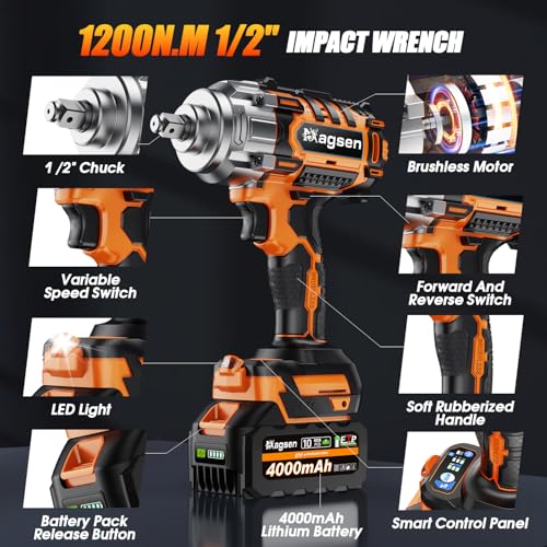1/2" Cordless Impact Wrench, 900Ft-lbs (1200N.m) Brushless High Torque Impact Gun,3800RPM,3 Variable Speeds,LED Light,2x4000mAh Battery, 5 Sockets,Electric Impact Gun for Car/Mower/Pickup - size: 1200n