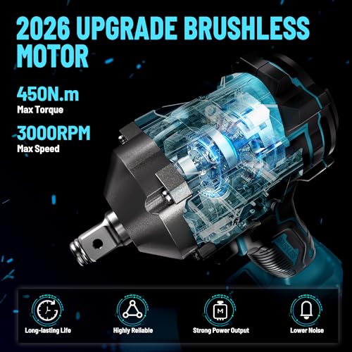 GEVEELIFE 450N.m/332Ft-lbs Brushless Impact Wrench,1/2" Cordless Impact Gun with 4.0Ah Battery & 4 Sockets, Electric Impact Driver for Car/DIY Furniture/Lawn Mower/blue (450N)