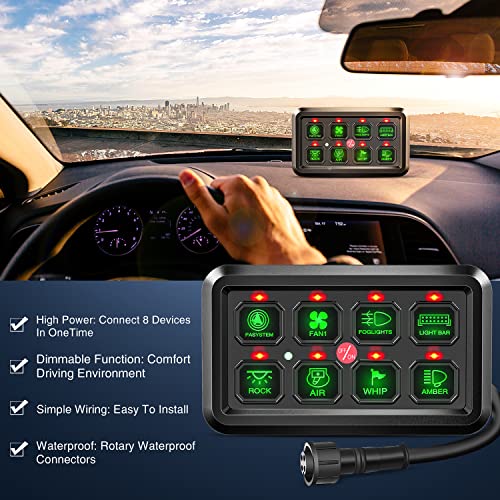 Nilight 8 Gang Switch Panel System Circuit Control Relay System Fuse Wiring Harness Automatic Dimmable ON Off LED Switch Pod for 12V Cars Trucks Campers SUV, 2 Years Warranty - color: Green, size: 8 Gang Switch