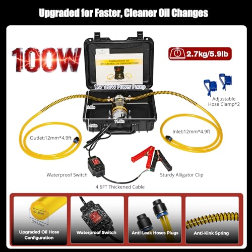 Electric Oil Extractor Pump 12/24V 100W, High Flow Oil Change Pump with Anti-Kink Hose, Transmission Fluid Transfer Pump for Automotive, Marine, Boats, Jet Ski, Lawn Mowers, DIY Oil Transfer - color: B-Yellow Hose