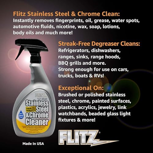 FLITZ Stainless Steel & Chrome Clean - 32oz Bottle, USA-Made Stainless Steel Cleaner Spray for Appliances - Grill, Fridge, Sink Stain Remover - Also Works on Aluminum Surfaces (1 Pack) - size: 32 Fl Oz (Pack of 1)
