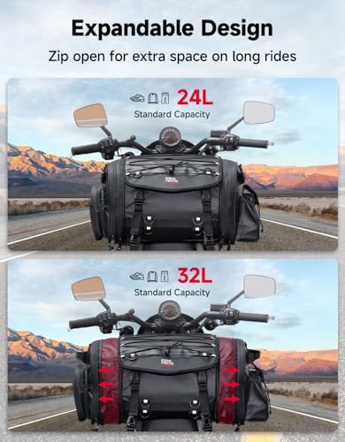 KEMIMOTO Motorcycle Travel Luggage Bags, Expandable Large Capacity Motorcycle Tail Bag, Waterproof Rear Rack Trunk, Motor Pannier Bag with Rain Cover and Straps 24L-32L - size: 24L-32L