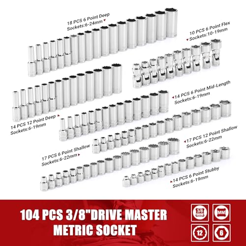 MIXPOWER 104 PCS 3/8" Drive Master Metric Socket Sets,Deep,Mid-Length,Shallow,Stubby and Flex Sockets,6 & 12 point,CR-V Steel - size: 104 PCS 3/8" Dr. Master Socket Set
